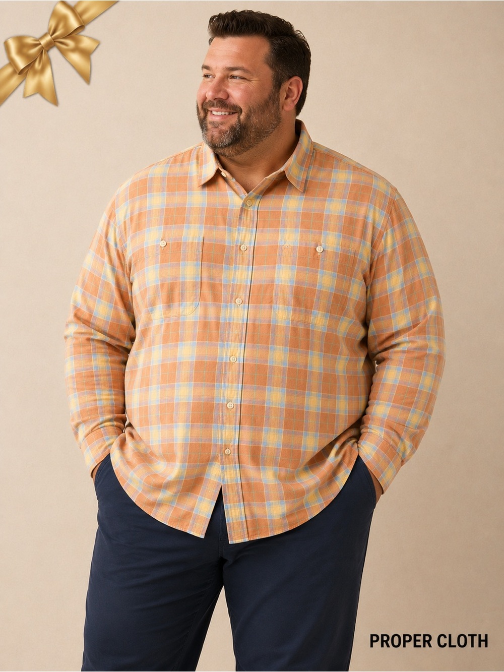 Proper Cloth 18.5/35 Orange Blue Plaid 100% Cotton Button Down Shirt